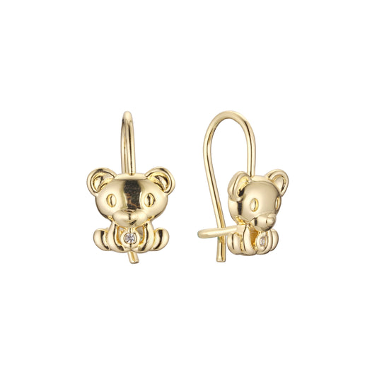 Wire hook bear solitaire child earrings in 14K Gold, Rose Gold, two tone plating colors
