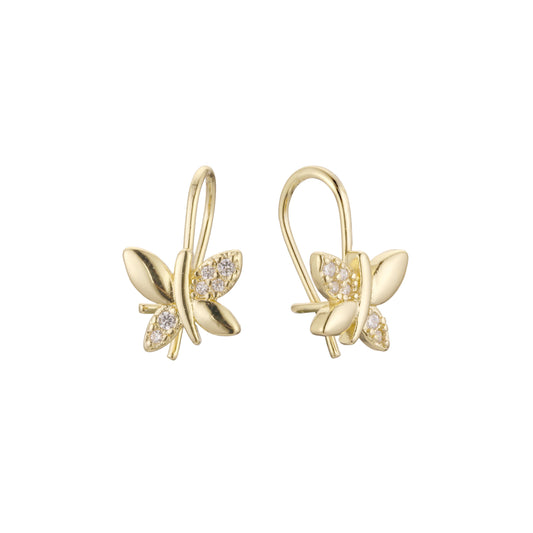 Wire hook butterfly solitaire child earrings in 14K Gold, Rose Gold, two tone plating colors