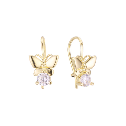 Butterfly solitaire wire hook child earrings in 14K Gold, Rose Gold plating colors