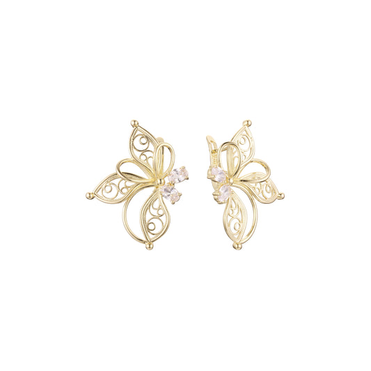 Butterfly double stones earrings in 14K Gold, Rose Gold plating colors