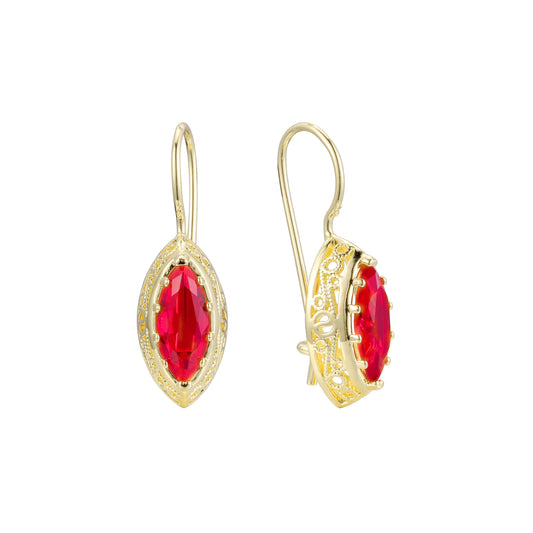 Wire hook solitaire Marquise red earrings in 14K Gold, Rose Gold plating colors