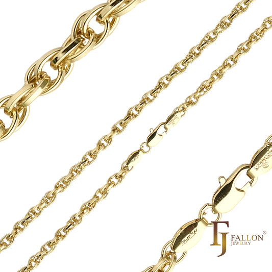 Cable Rolo Rope chains plated in White Gold, 14K Gold, Rose Gold
