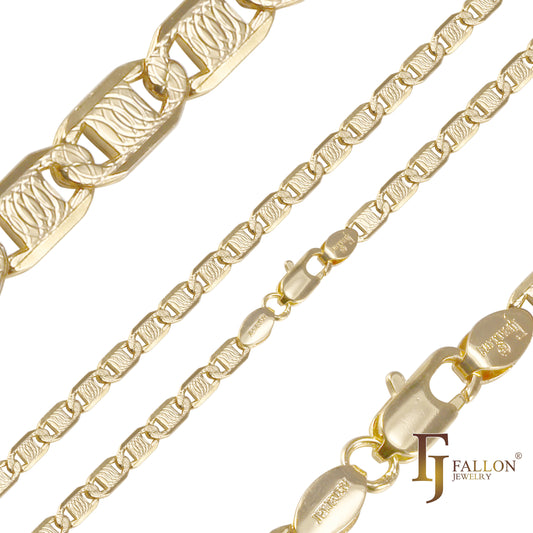 Mariner link curved hammered chains plated in 14K Gold, Rose Gold, two tone