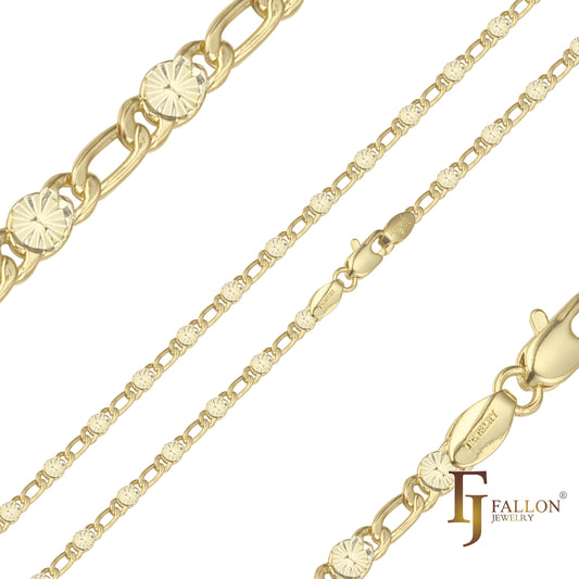 Figaro Fancy link sunburst hammered chains plated in 14K Gold, Rose Gold, two tone