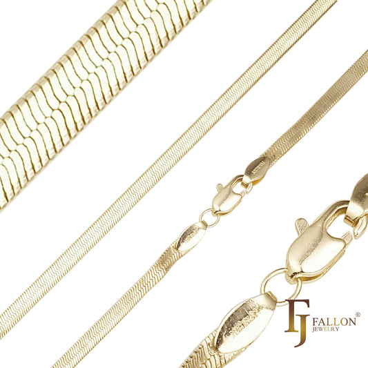 Classic Herringbone Flat Snake chains plated in 14K Gold, Rose Gold