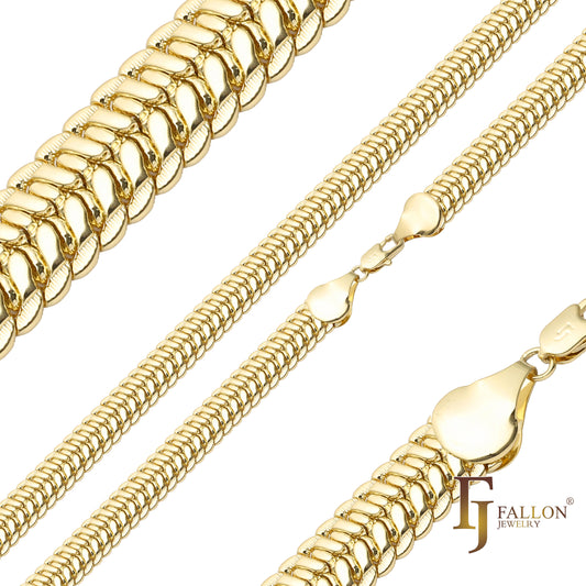 Wide serpentine Herringbone snake chains plated in White Gold, 14K Gold, Rose Gold
