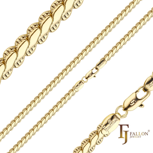 Snake Serpentine chains plated in 14K Gold, Rose Gold, two tone