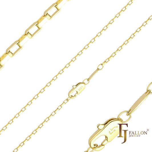 Oblong Box link chains plated in White Gold, 14K Gold, Rose Gold