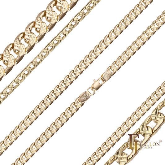 Curb link double cross hammered chains plated in 14K Gold, Rose Gold, two tone
