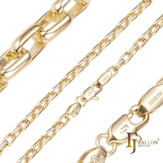 Oblong rounded box link chains plated in White Gold, 18K Gold, 14K Gold, Rose Gold, two tone