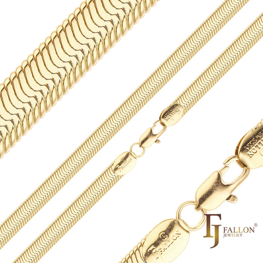 Classic flat snake Herringbone chains plated in 14K Gold, Rose Gold, two tone
