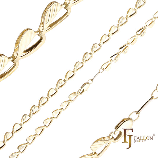 Heart and leaves fancy link steel chains plated in White Gold, 14K Gold, Rose Gold, two tone