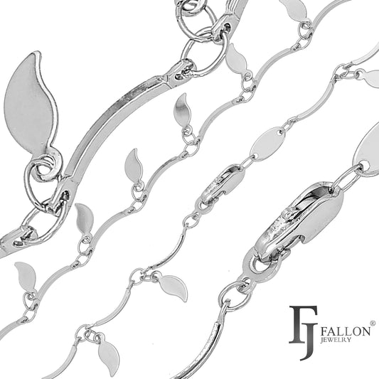 Fancy leaves and bar link chains plated in White Gold, 14K Gold, Rose Gold