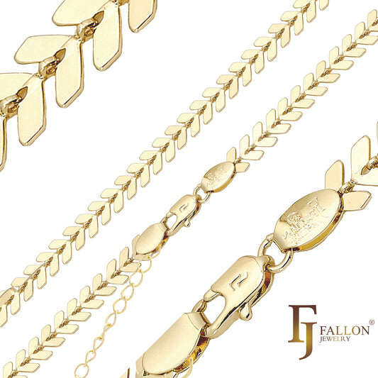 Chevron arrow link fish bone chains plated in 14K Gold, Rose Gold, two tone