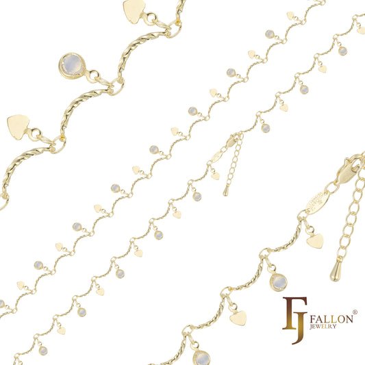 Fancy bar link white stone anklet chains plated in 14K Gold, Rose Gold