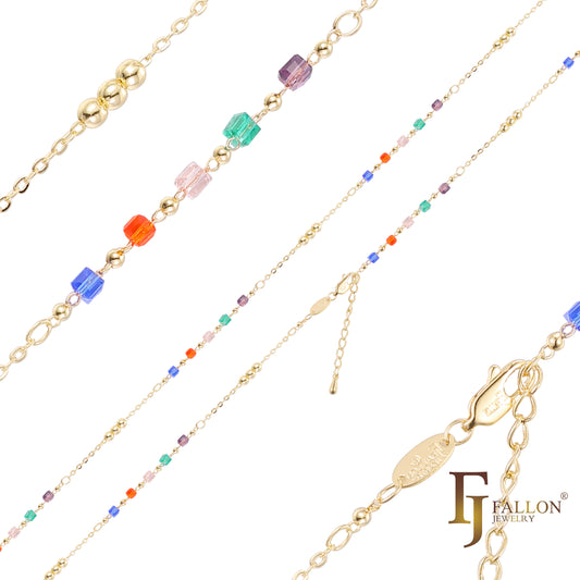 Beads and colorful cubes link anklet plated in 14K Gold, Rose Gold
