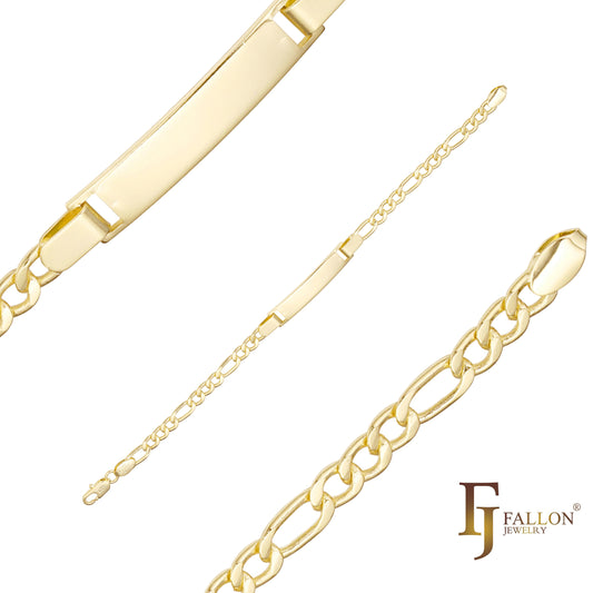 Round Figaro link Men's ID bracelets plated in 14K Gold colors