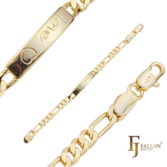 Figaro link Men's ID bracelets with love and heart plated in 14K Gold colors