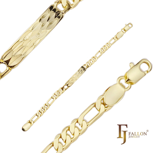 Round Figaro link Men's ID bracelets plated in 14K Gold colors