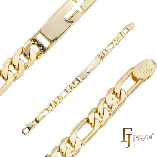 Figaro link Men's ID bracelets with Cross plated in 14K Gold colors