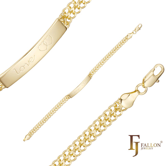 Double Cuban Men's ID link bracelets with love and double heart plated in 14K Gold colors