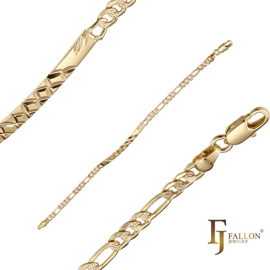 Figaro link 14K Gold, two tone ripple hammered Men's clover ID bracelets