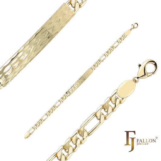 Nice polished Figaro link Men's ID bracelets plated in 14K Gold colors
