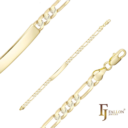 Figaro link trace hammered 14K Gold, two tone engraveable Men's ID bracelets