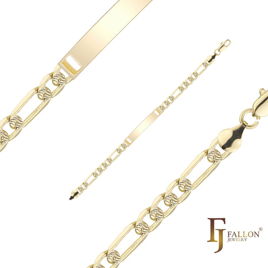 Figaro link ripple hammered 14K Gold engraveable Men's ID bracelets