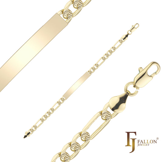 Figaro link ripple hammered 14K Gold engraveable Men's ID bracelets