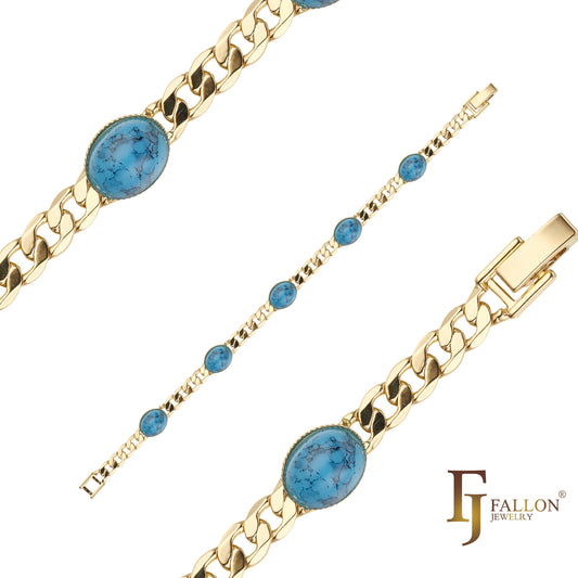 Cuban link turquoise bracelets plated in 14K Gold, 18K Gold colors