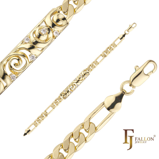 Figaro link Men's bracelets plated in 14K Gold colors