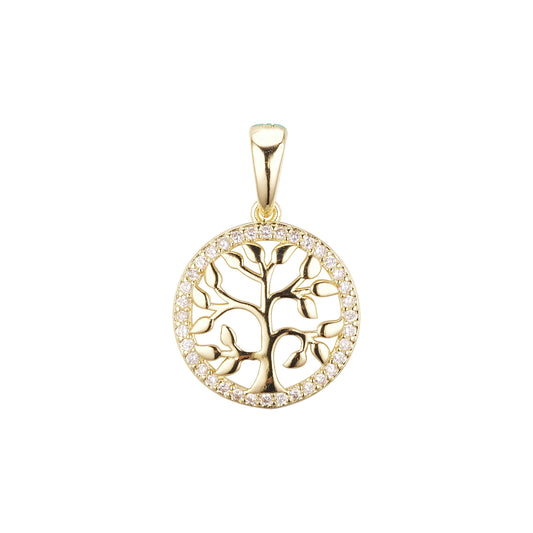 14K Gold halo pendant with tree and leaves