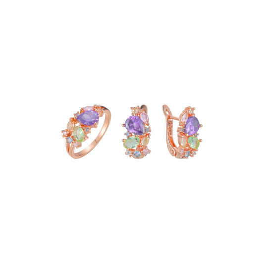 Colorful luxurious mixed color stones cluster rings jewelry set plated in Rose Gold colors