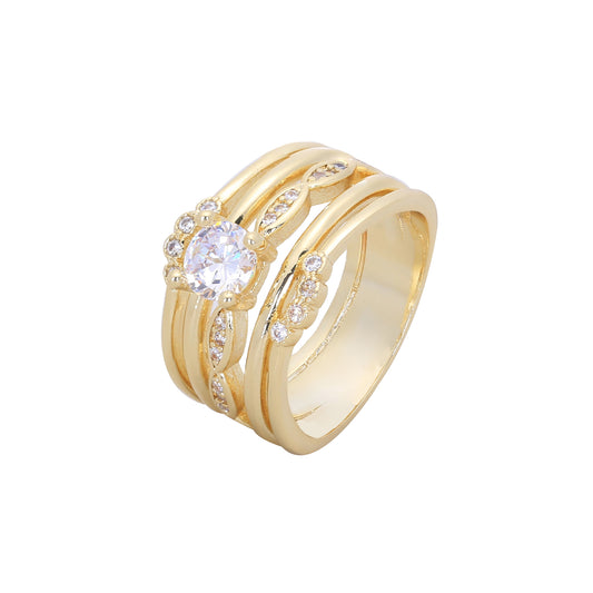 Wide solitaire triple band wedding rings plated in 14K Gold