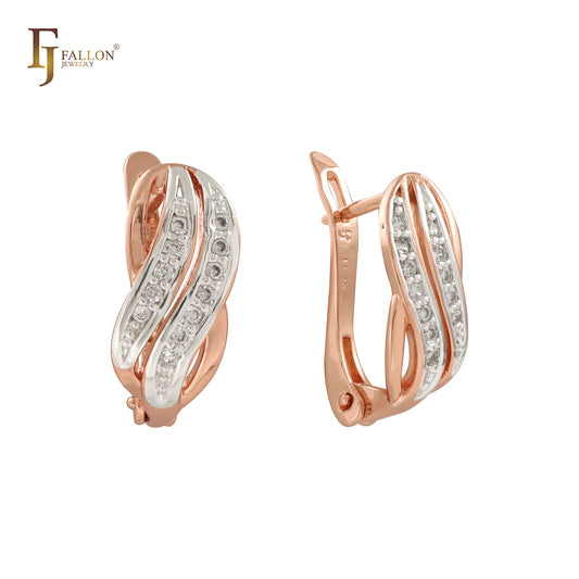 Double paved white Czs Rose Gold, 14K Gold two tone Earrings