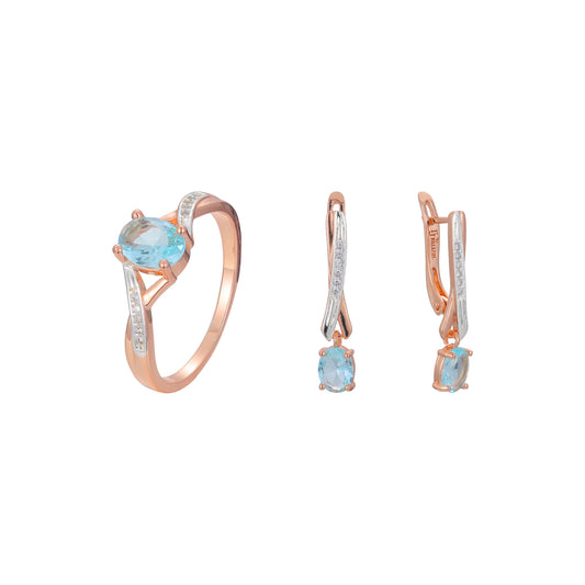 Solitaire lake blue CZ Rose Gold two tone rings jewelry set