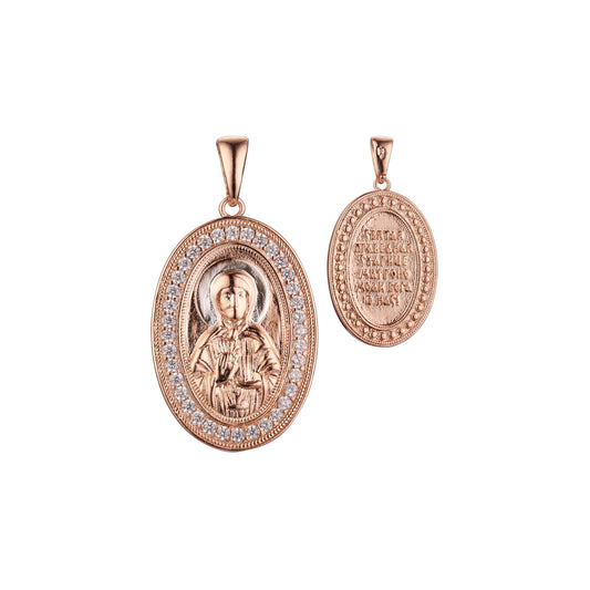Halo paved white CZs Saint Matrona Religious Rose Gold, White Gold pendant