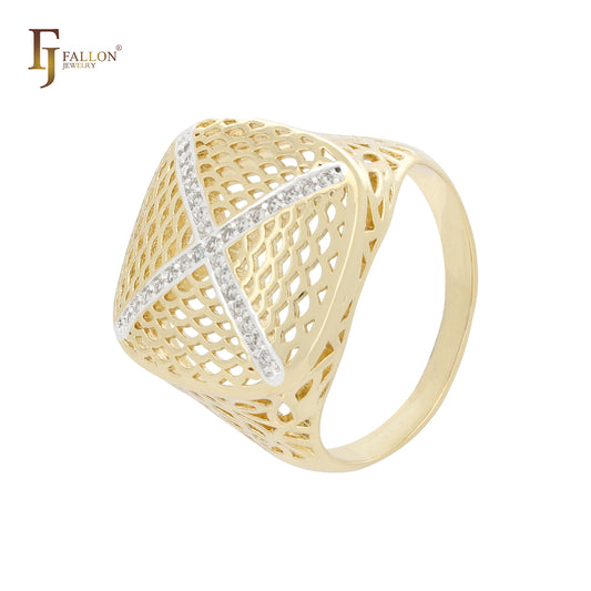 Filigree Signet cluster White CZs 14K Gold two tone Rings