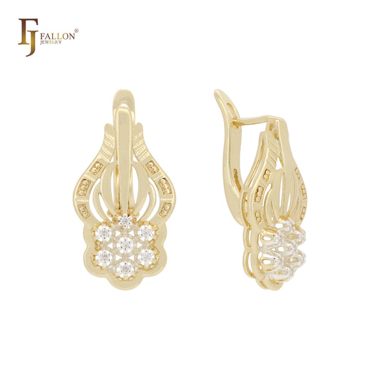 Hexagon cluster white CZs flower blooming 14K Gold two tone earrings