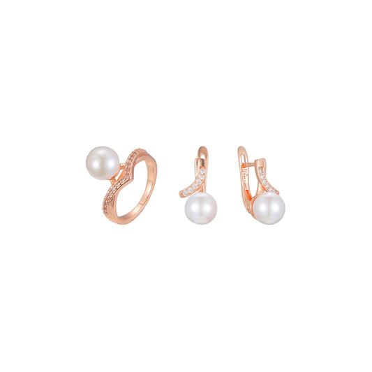 Solitaire pearl paved stones rings jewelry set plated in Rose Gold colors