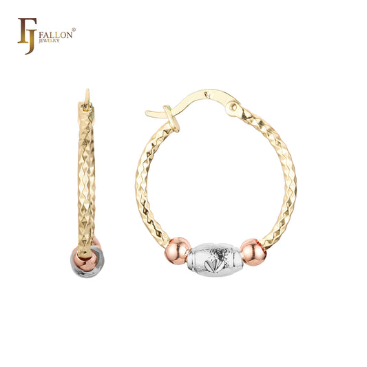 Beads 14K Gold, three tone Hoop Earrings