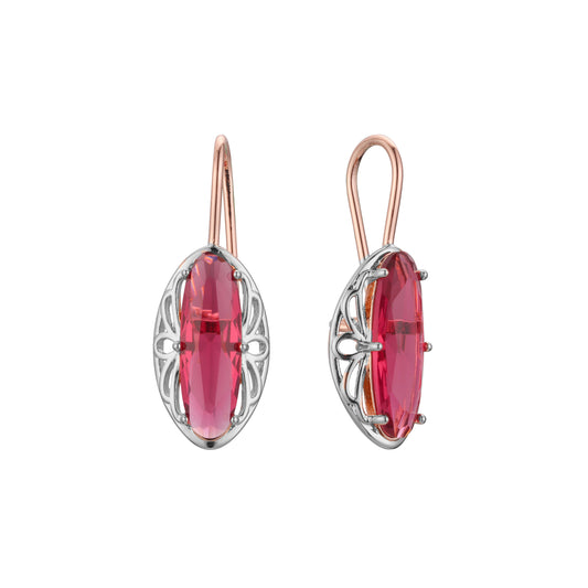 .Simple big oval red CZ wire hook rose gold earrings