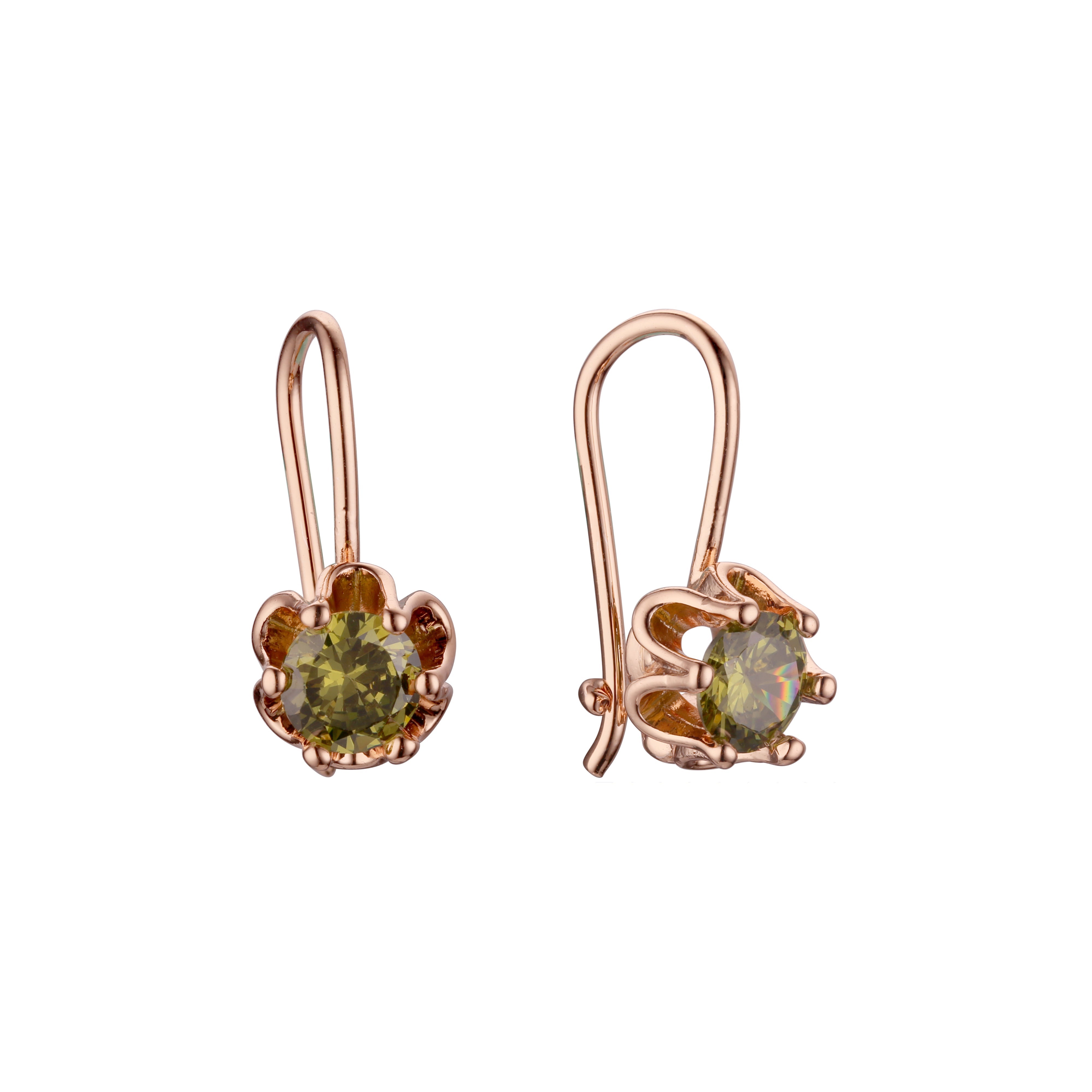 .Solitaire wire hook colorful cz earrings plated in 14K Gold, Rose Gold