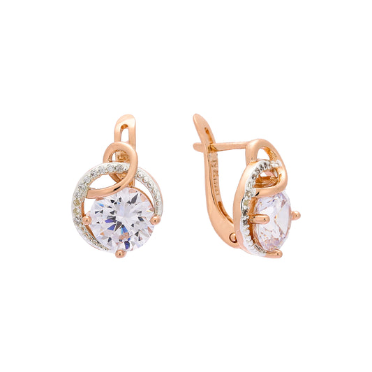 Solitaire paved white cz Rose Gold, two tone earrings