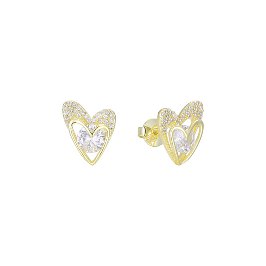 Cluster white Czs heart 14K Gold stud earrings