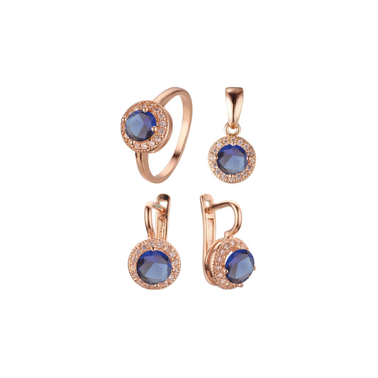.Rosa's Halo - Big round colorful halo cz Rose Gold plated rings and pendant jewelry set