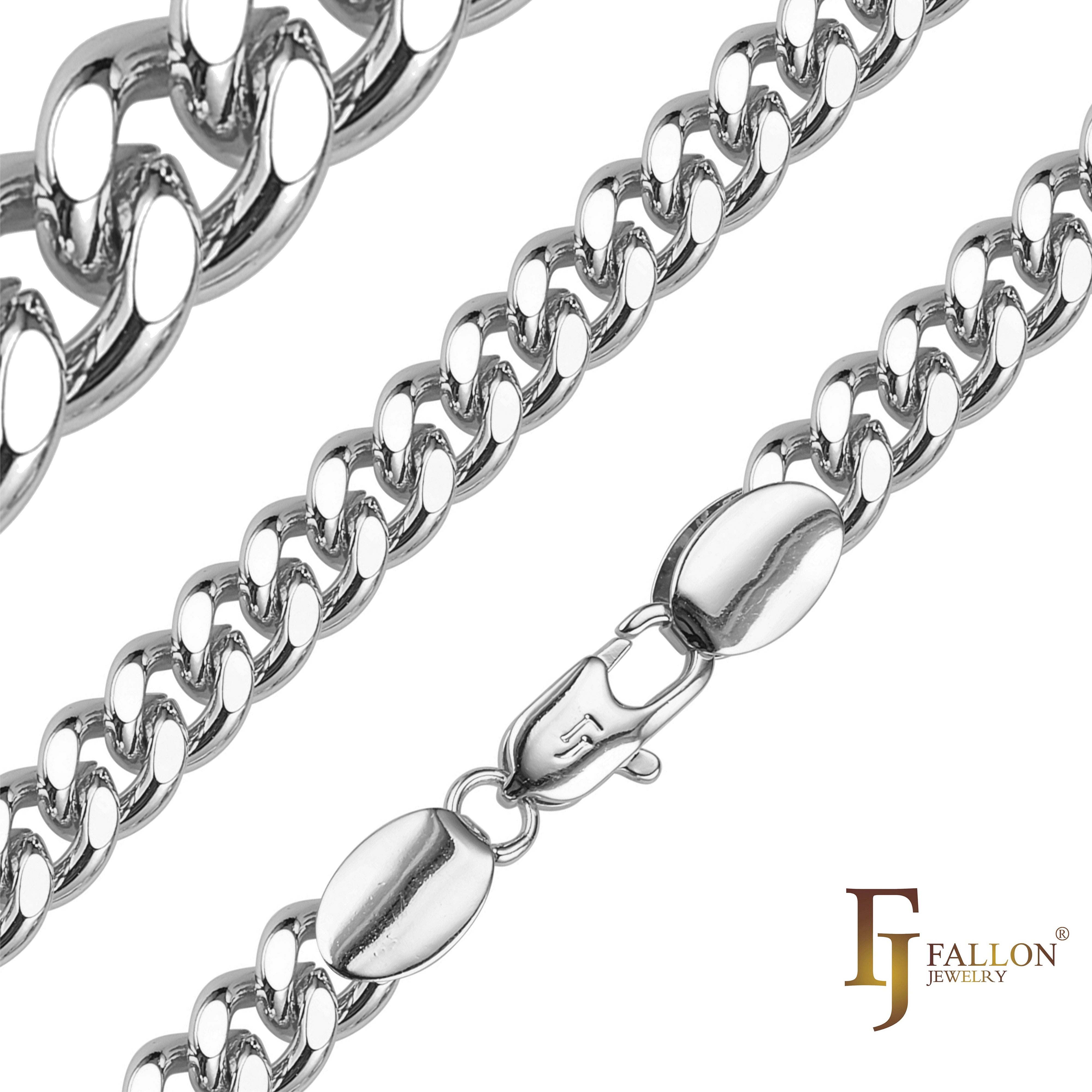 .Classic Miami Style Cuban link chains plated in White Gold, 14K Gold, two tone SF