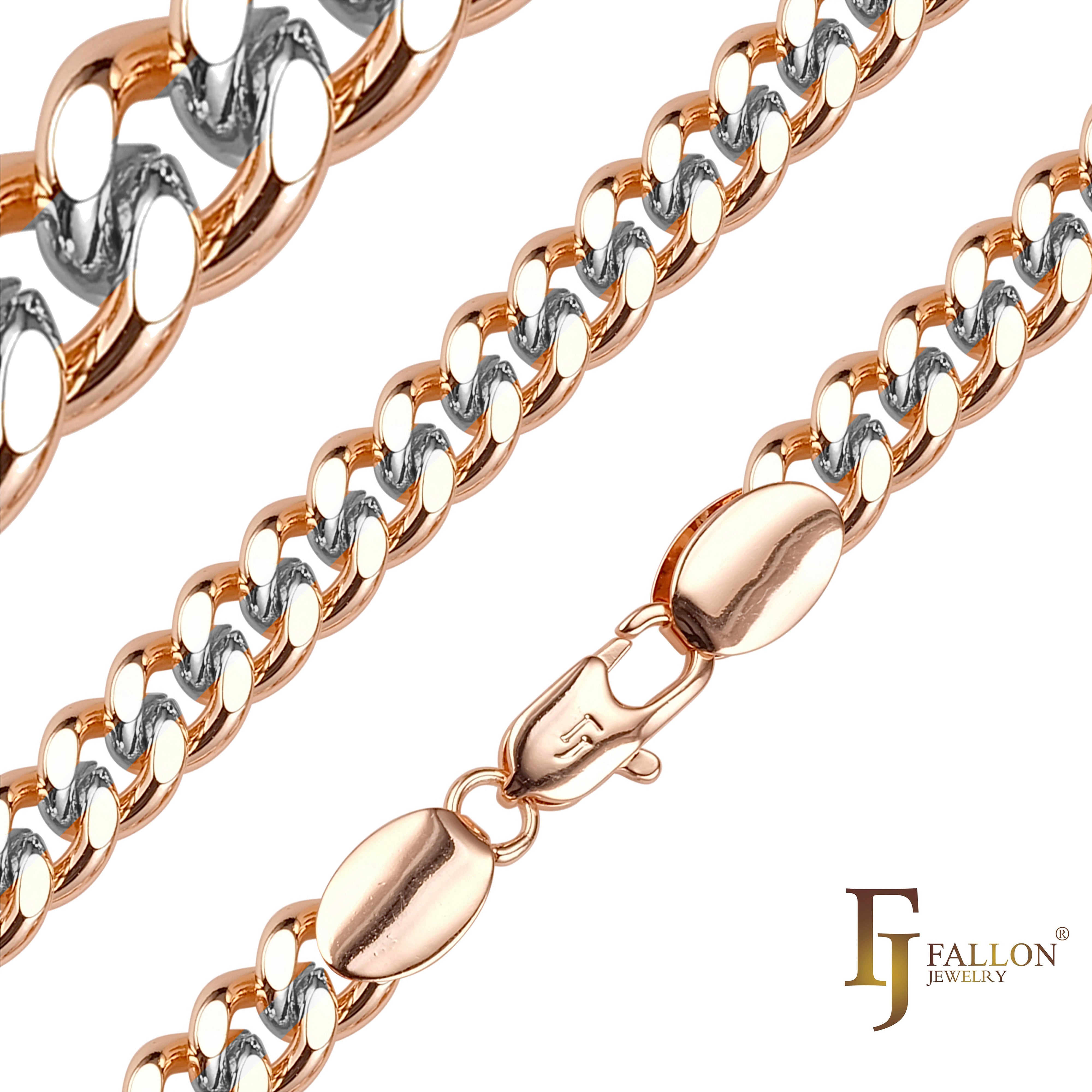 .Classic Miami Style Cuban link chains plated in Rose Gold, two styles two tone SF