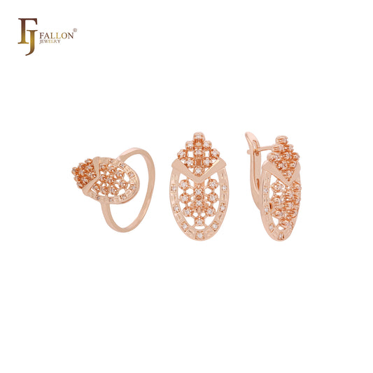 Filigree textured oval shape cluster white CZs Rose Gold Jewelry Set with Rings